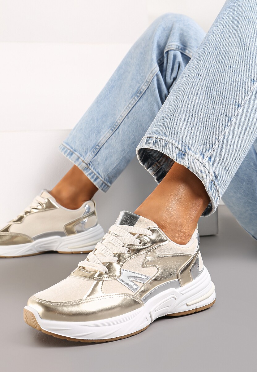 Złote Sneakersy Sznurowane Ozdobione Wstawkami z Materiału Eanfla