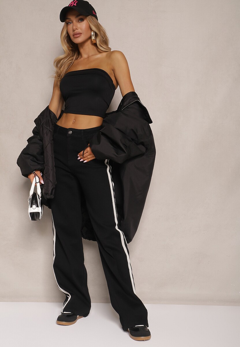 Czarne Jeansy High Waist o Szerokim Kroju z Ozdobnymi Lampasami Ulivira