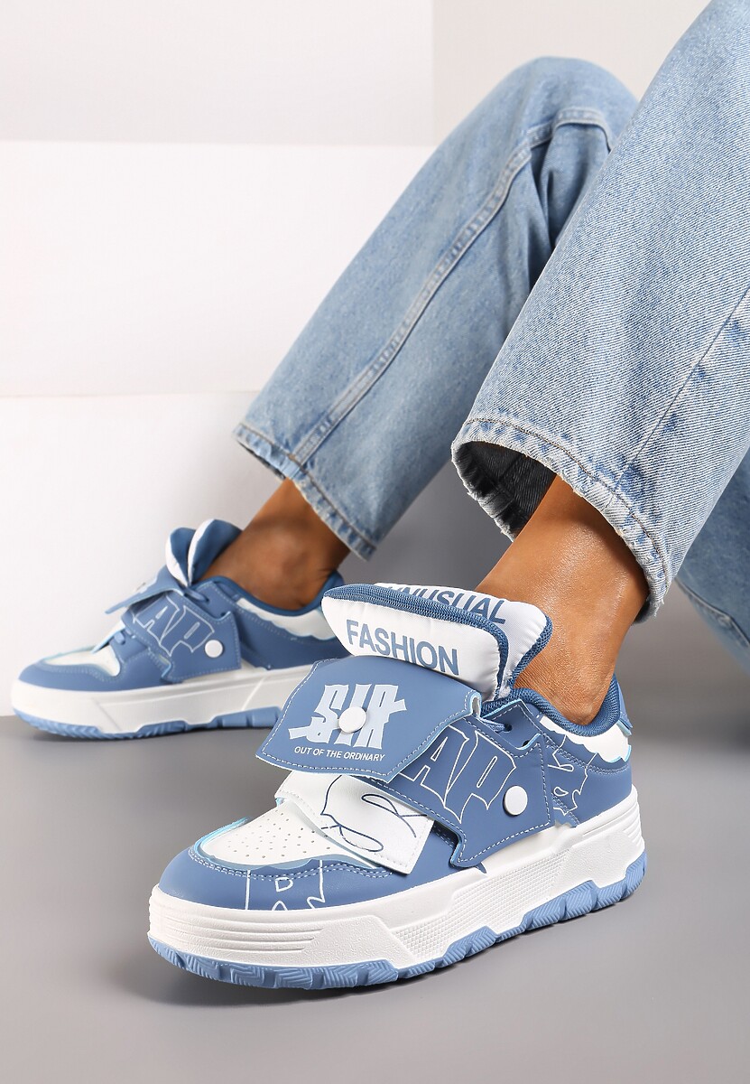 Niebieskie Sneakersy na Płaskiej Podeszwie Ozdobione Napisami Griefra