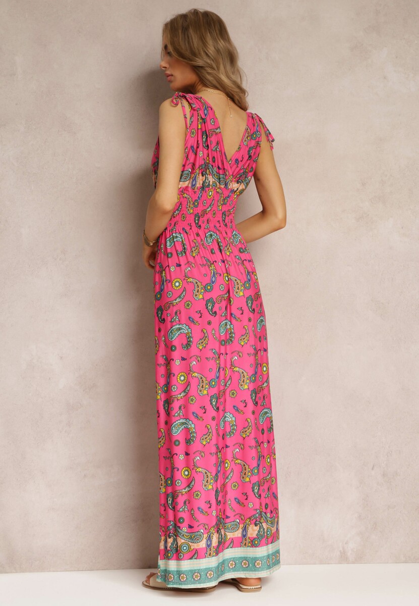 Różowa Sukienka Maxi we Wzór Pailsey z Rozkloszowanym Dołem i Gumką w Talii Kinslei