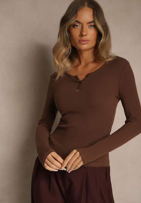 Brązowa Bawełniana Bluzka Longsleeve z Prążkowanej Tkaniny z Guziczkami Amandria