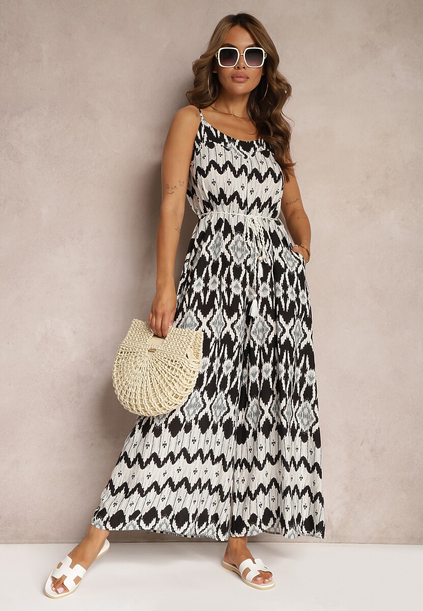 Czarno-Biały Kombinezon z Wiskozy na Cienkich Ramiączkach o Geometrycznym Wzorze z Paskiem Vikine