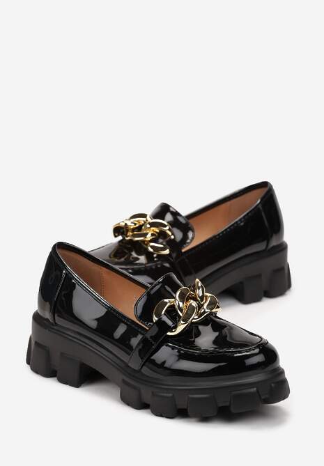 Czarne Mokasyny z Ozdobnym Łańcuchem na Grubej Podeszwie Rarola