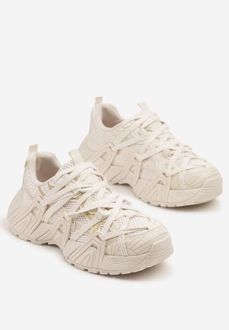 Beżowe Sneakersy Ozdobione Geometrycznym Motywem Pollines