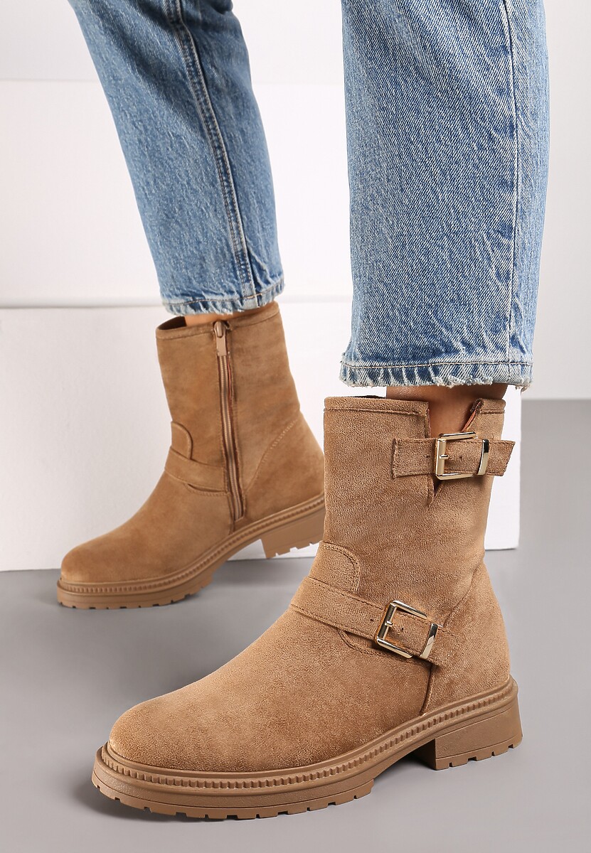Brązowe Botki z Ekozamszu ze Stylowymi Klamrami i Paseczkami przy Cholewce Nevalune