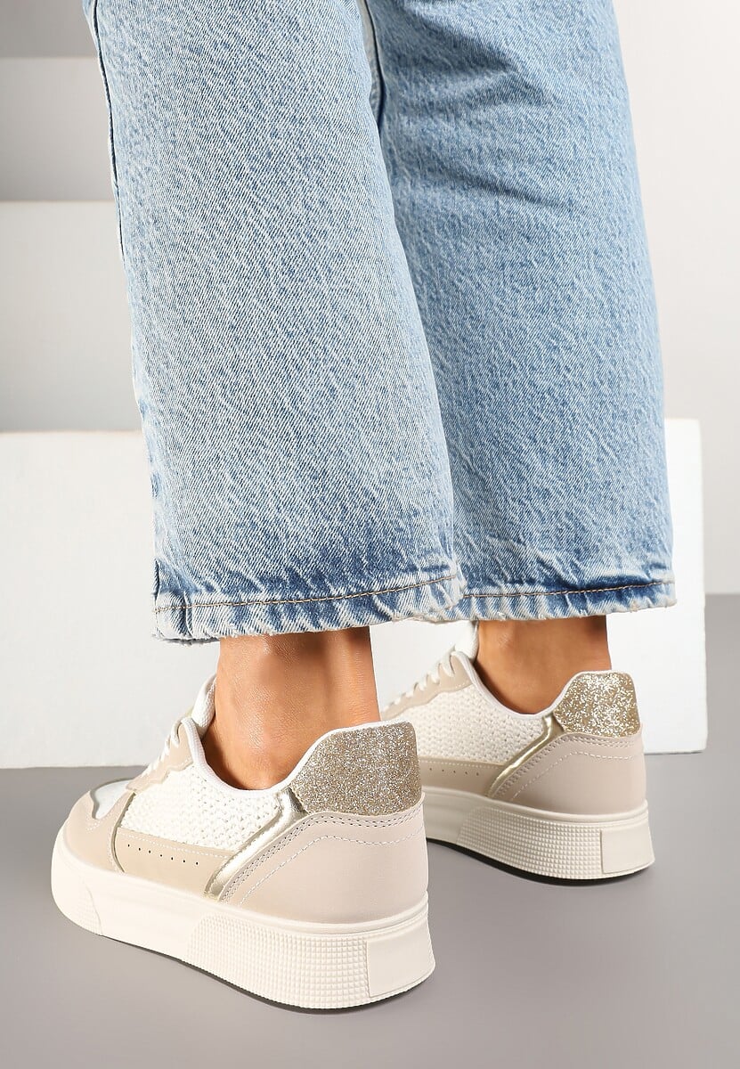 Beżowo-Białe Sneakersy na Platformie Ozdobione Plecionką Perforacją i Brokatem Tulreia