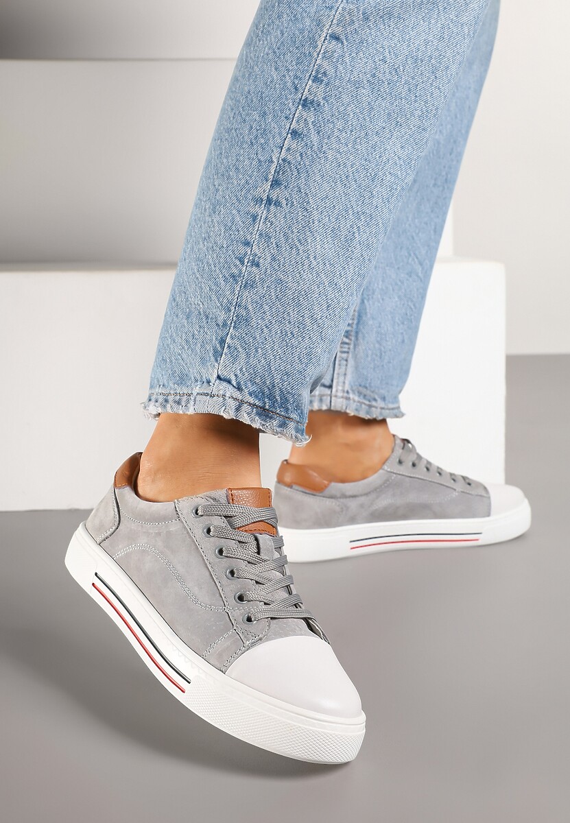 Szare Płaskie Trampki ze Skóry Naturalnej ze Skórzaną Wkładką i Ozdobnym Noskiem Milili