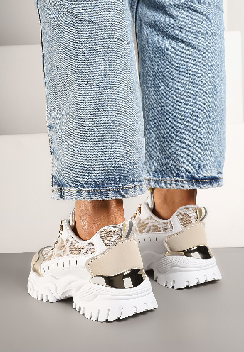 Biało-Beżowe Sneakersy w Steetwearowym Stylu na Tłoczonej Platformie Gonavielle