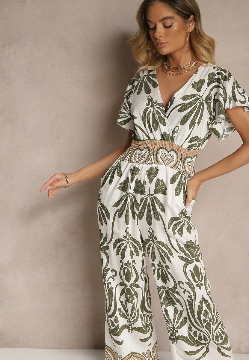 Ciemnozielony Kombinezon z Wiskozy z Zaznaczoną Talią w Boho Wzór i Dekoltem V Virazia
