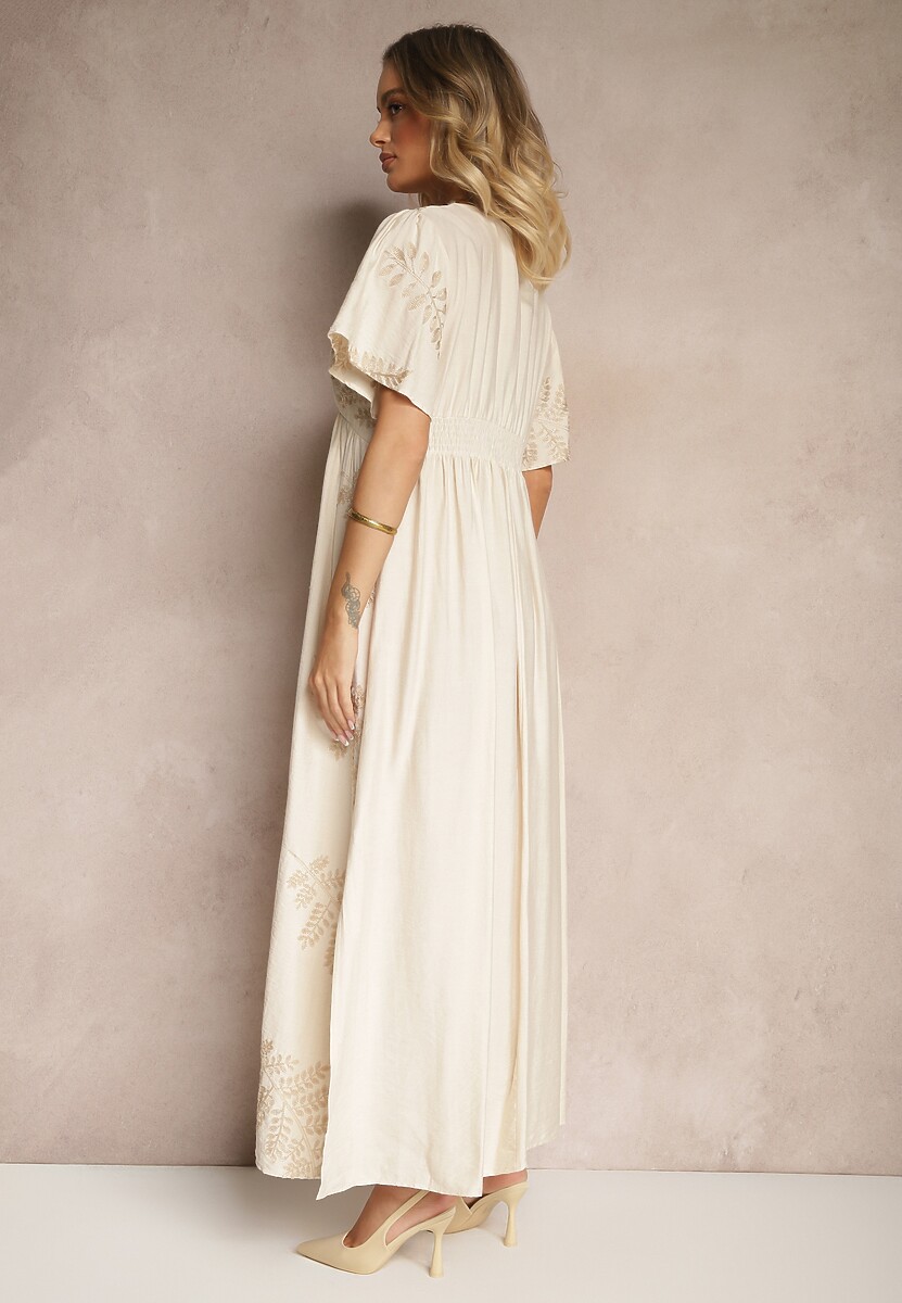 Beżowa Rozkloszowana Sukienka z Wiskozy Ozdobiona Haftowanymi Liśćmi Tirvesa