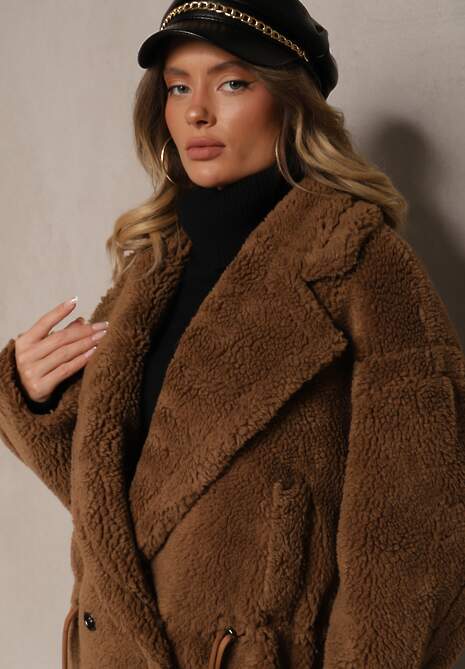 Brązowa Kurtka Futerko w Stylu Teddy Ściągane w Talii Enarithiel