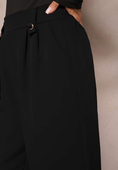Czarne Eleganckie Spodnie Dzwony z Ozdobnymi Patkami w Pasie Nattas