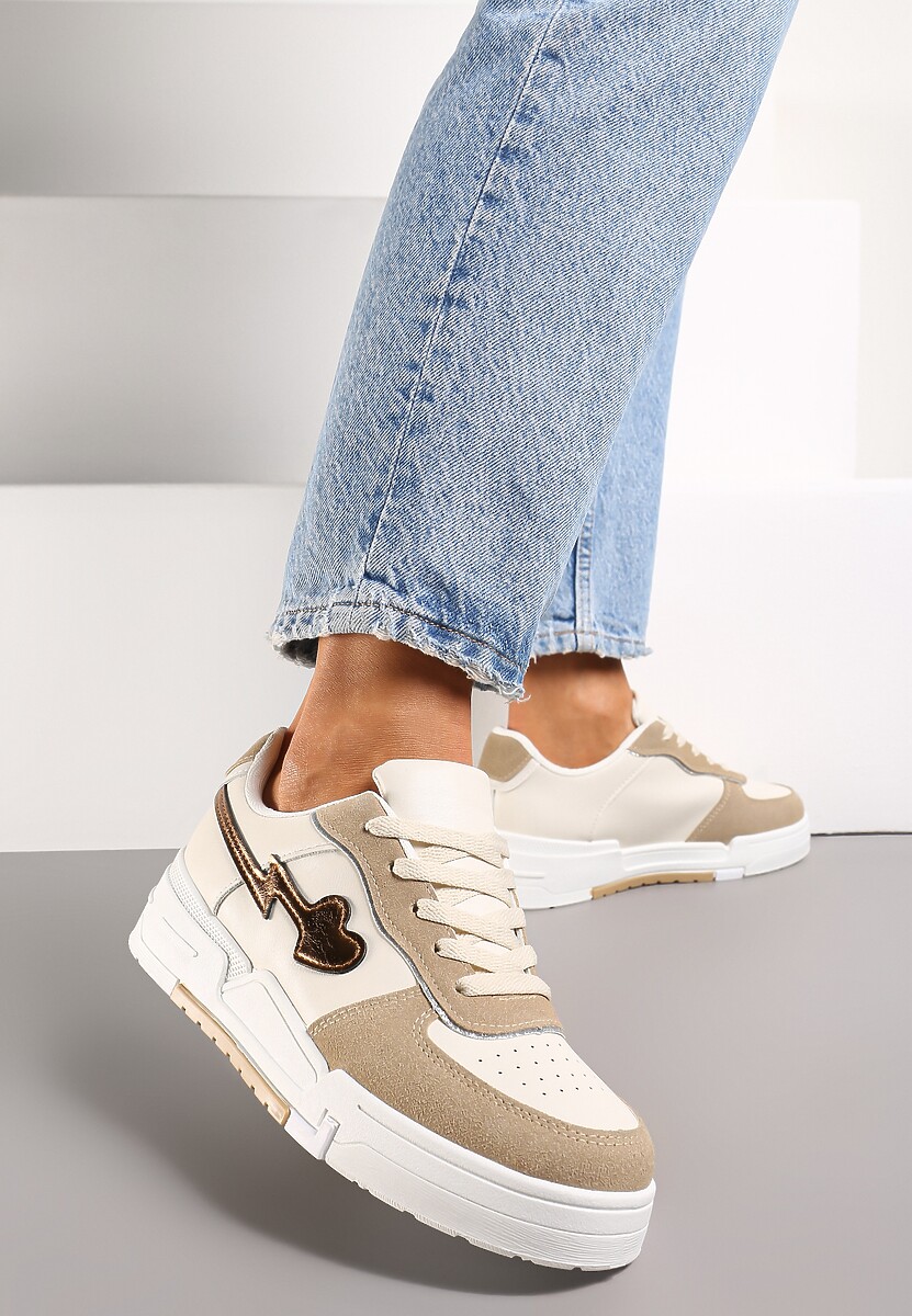 Ciemnobeżowe Sznurowane Sneakersy na Grubej Podeszwie z Brokatowym Zdobieniem Anaieli