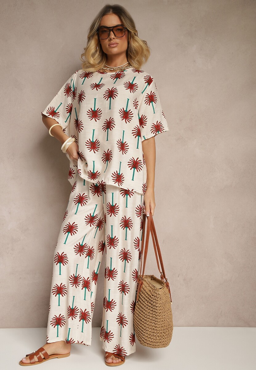 Bordowy Komplet z Wiskozy Zdobiony Printem w Palmy Szerokie Spodnie i T-shirt Zioleana
