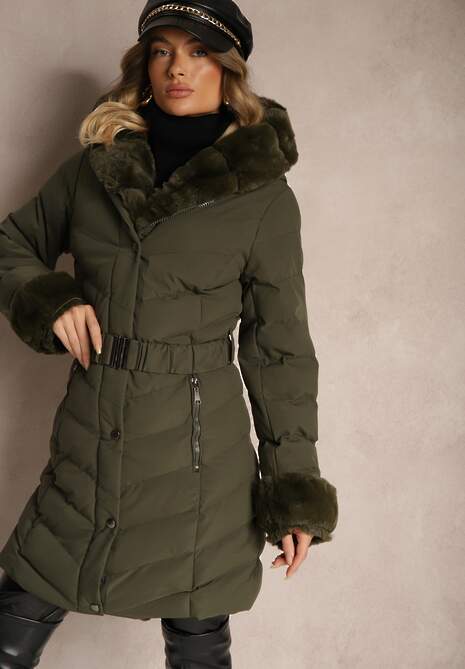 Ciemnozielona Kurtka z Pikowanymi Przeszyciami Mocno Ocieplana z Paskiem i Odpinanym Futerkiem Hedista