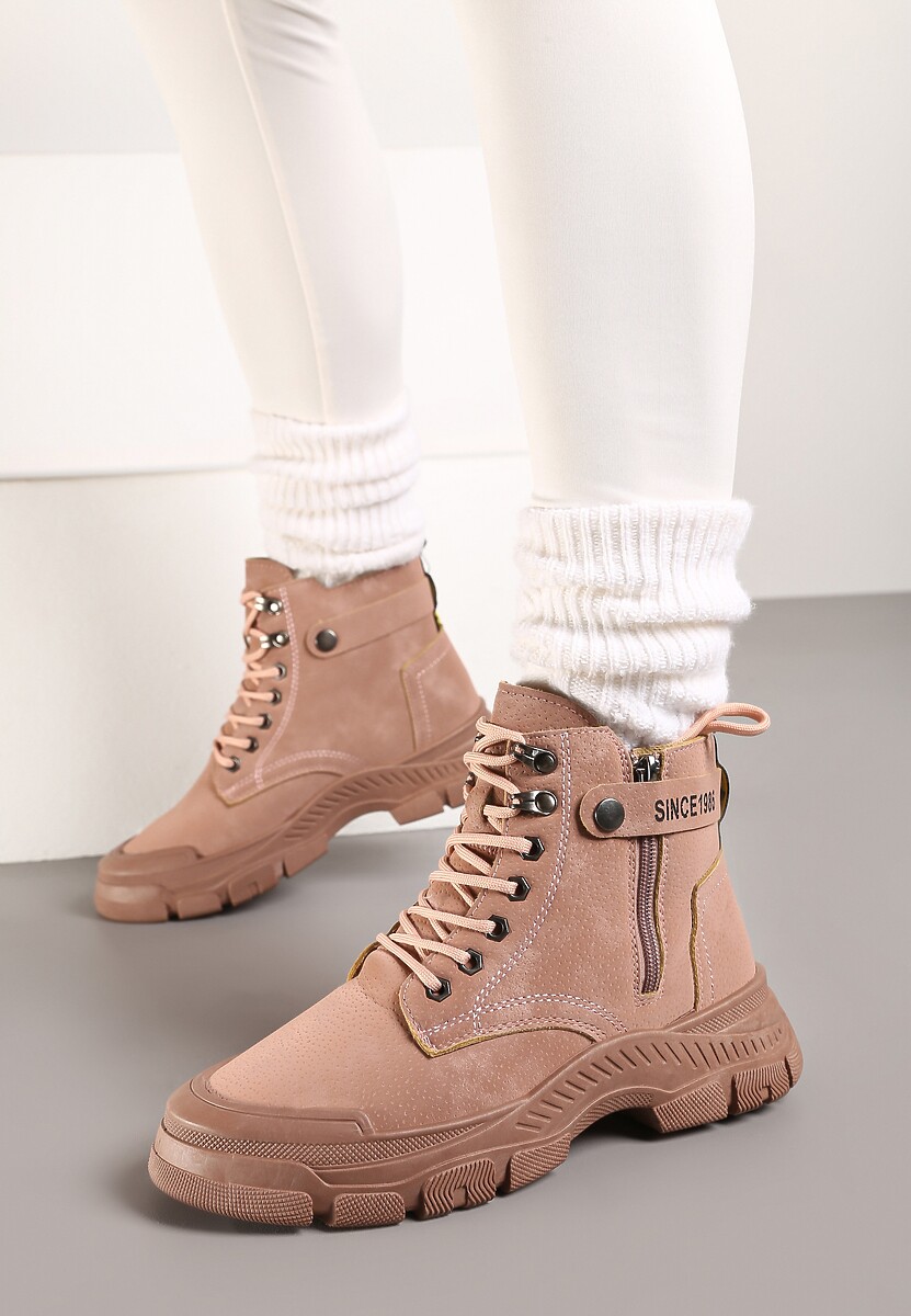 Różowe Sznurowane Botki Traperki na Grubej Podeszwie Trewenna