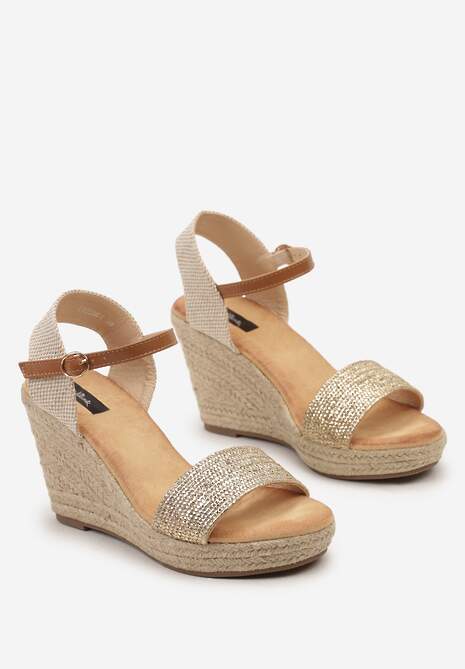 Złote Sandały na Koturnie z Plecionki ze Sprzączką przy Kostce Storea