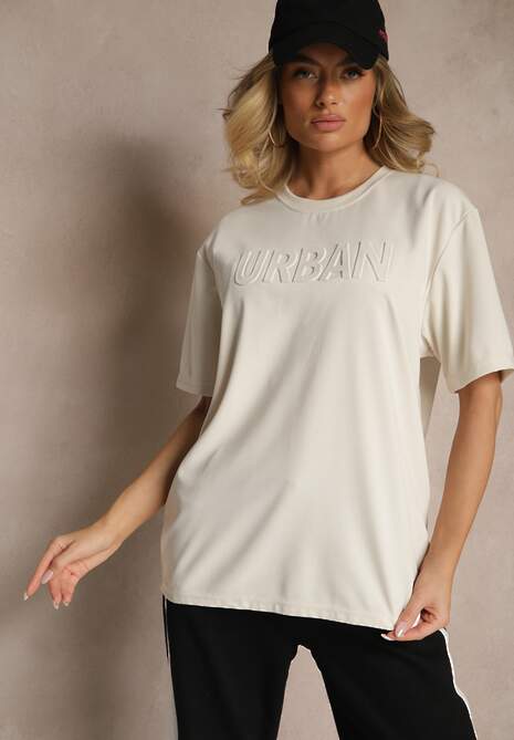 Jasnobeżowa Bawełniana Koszulka T-shirt z Tłoczonym Napisem Lunorina