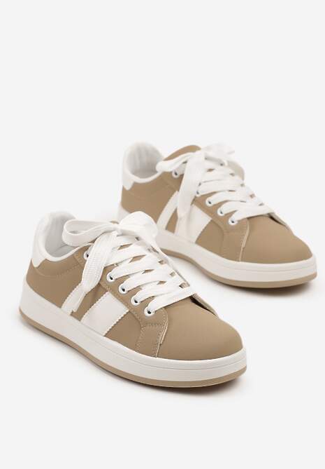 Ciemnobeżowe Płaskie Sneakersy z Paskiem Quinesi