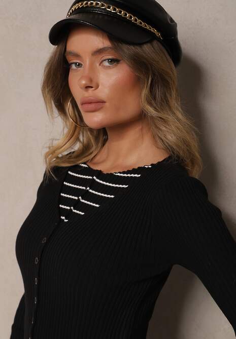 Czarny Prążkowany Rozpinany Kardigan z Wiskozą Pinnalia