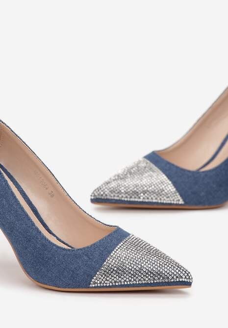 Niebieskie Jeansowe Szpilki z Cyrkoniami na Nosku Ararie