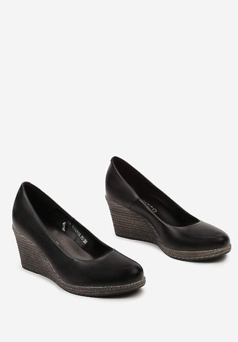 Czarne Czółenka Vices ze Skórzaną Wkładką na Plecionym Koturnie Serapne