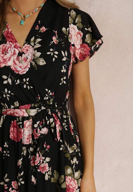 Czarna Sukienka w Kwiaty o Kopertowym Kroju z Wiązanym Paskiem Iphene