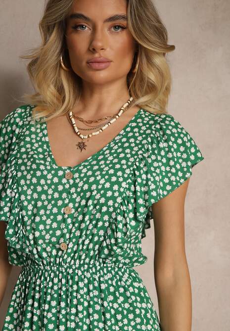 Zielona Bawełniana Sukienka o Rozkloszowanym Kroju z Guzikami w Kwiatowy Wzór Roniva