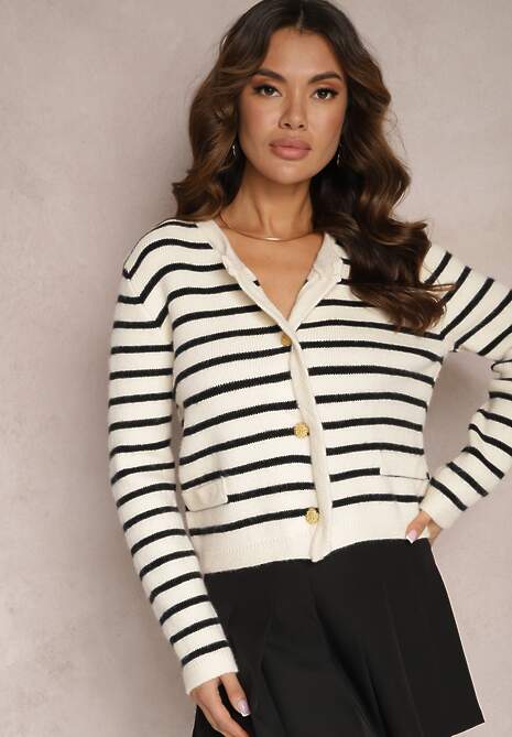 Biały Kardigan z Wiskozy w Paski z Ozdobnymi Guzikami i Imitacją Kieszeni Zaffina