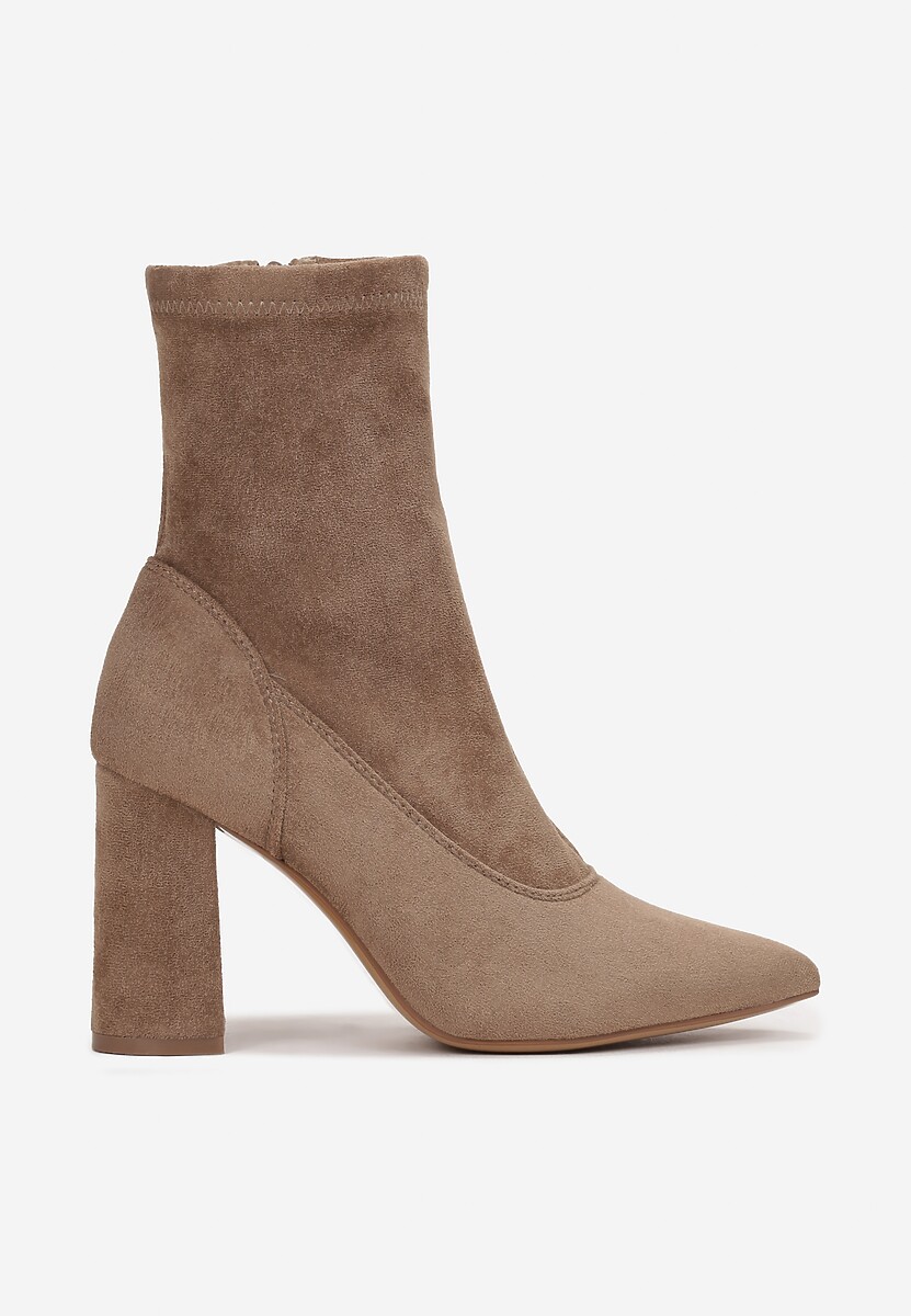 Ciemnobeżowe Botki na Słupku ze Szpiczastym Noskiem Ravia