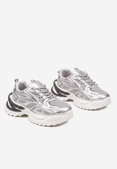 Srebrne Sneakersy na Platformie z Tłoczeniem i Siateczkowymi Wstawkami Galoria