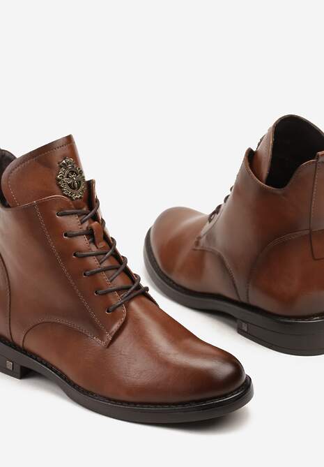 Brązowe Botki z Ekoskóry ze Sznurowaniem i Zdobieniem na Języku Diranda
