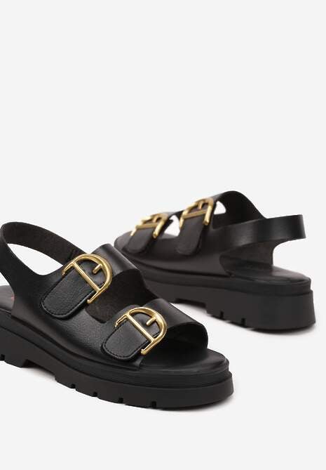 Czarne Sandały Zdobione Eleganckimi Klamrami na Rzep Lanovia