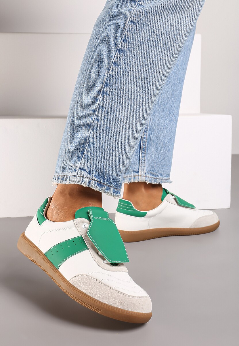 Biało-Zielone Sneakersy na Płaskiej Podeszwie ze Skóry Wykończone Zamszową Wstawką Milirae