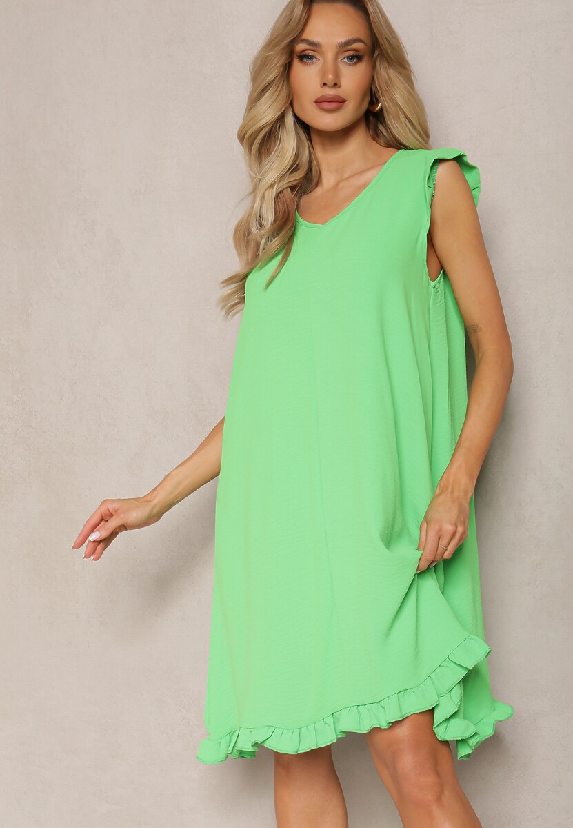 Jasnozielona Trapezowa Sukienka na Lato Bez Rękawów z Falbanką Heola