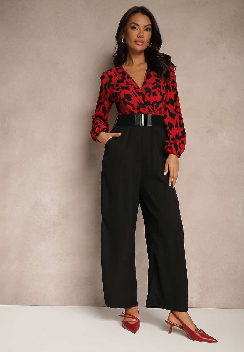 Czerwono-Czarny Kombinezon z Długimi Nogawkami i Kopertowym Dekoltem oraz Paskiem z Gumy Koretta