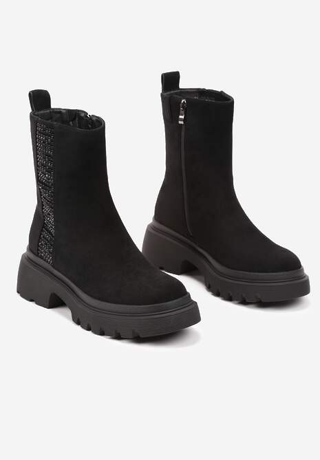 Czarne Botki w Stylu Sztybletów na Platformie z Cyrkoniami Rexindra