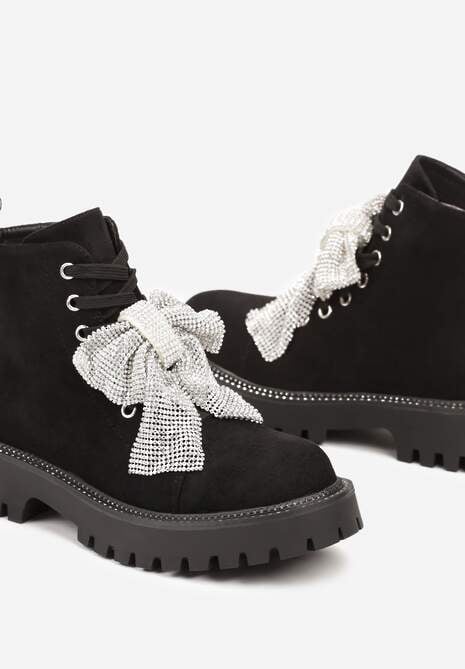 Czarne Botki na Platformie ze Sznurowaniem Ozdobione Kokardą z Cyrkonii Naonira
