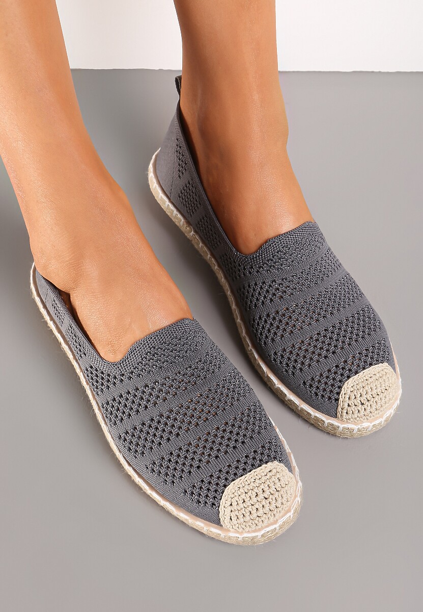 Szare Ażurowe Espadryle Ozdobione Plecionką na Podeszwie i Nosku Tarniesa