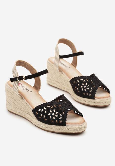 Czarne Sandały na Koturnie z Plecionki z Ażurową Cholewką Fevolesse