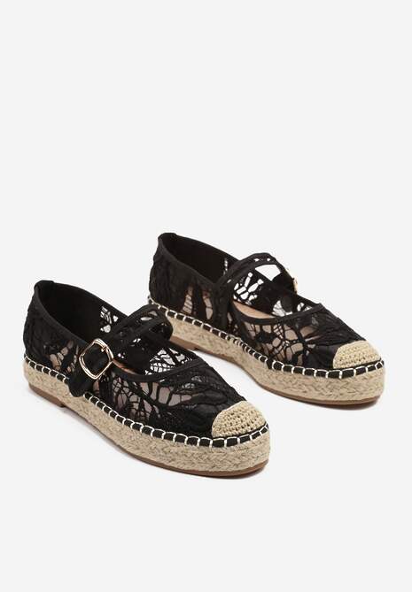 Czarne Espadryle na Plecionej Podeszwie z Paskiem i Koronkową Cholewką Tatonia