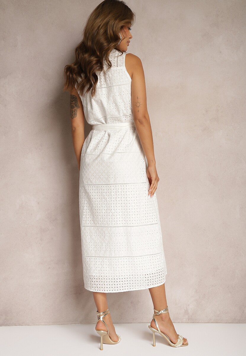 Biała Ażurowa Sukienka z Bawełny o Koszulowym Kroju z Materiałowym Paskiem Vikiisara