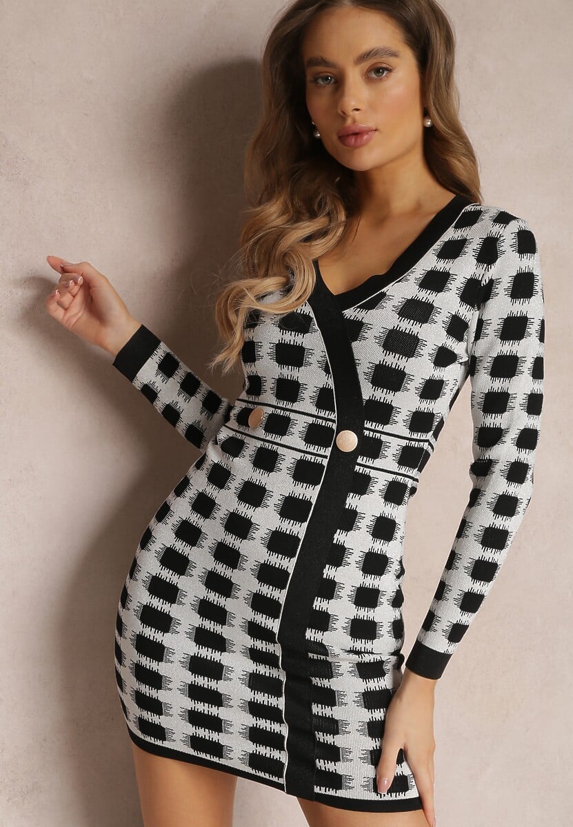 Beżowa Dzianinowa Sukienka w Geometryczny Wzór z Metaliczną Nitką Enoto