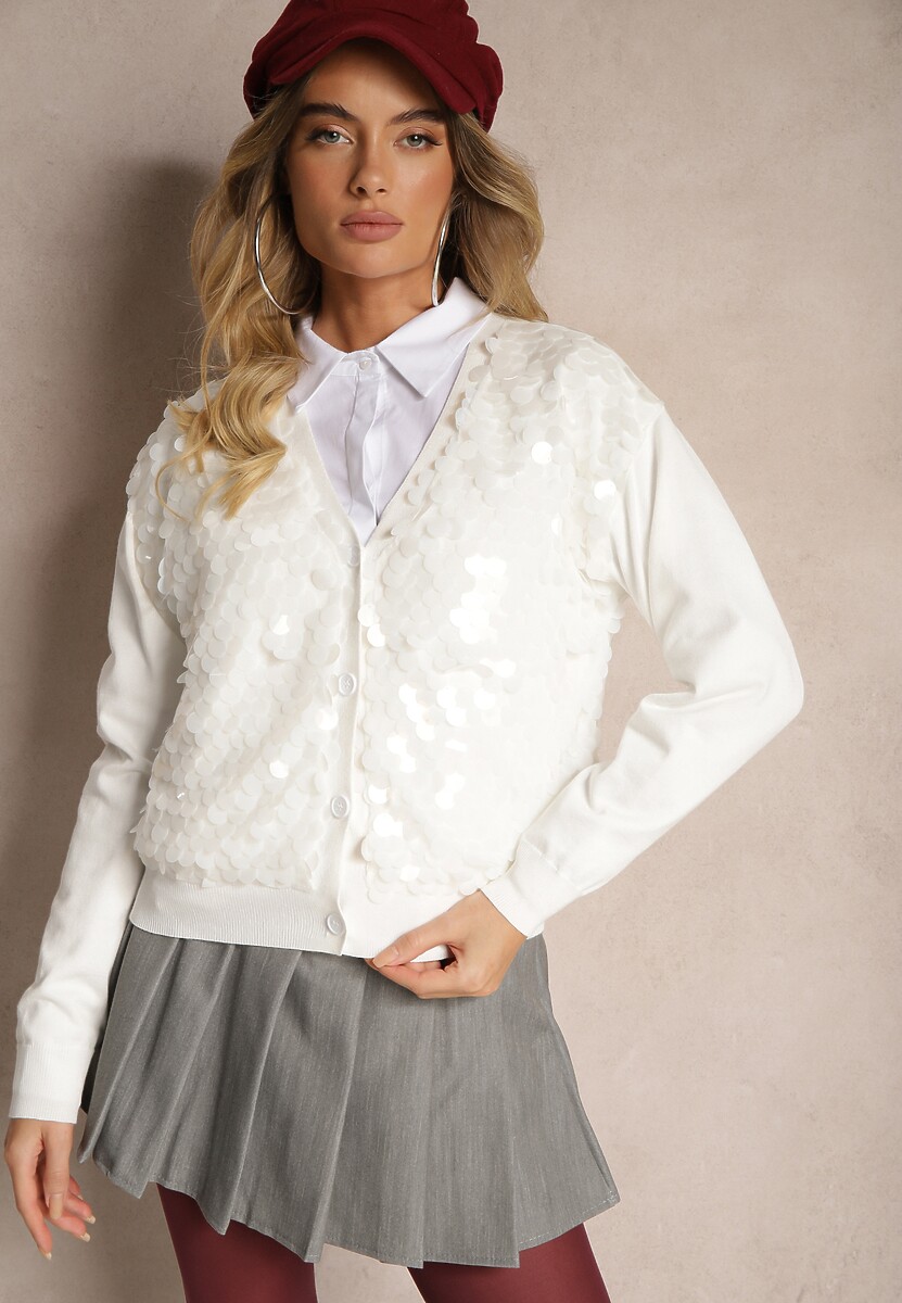 Beżowy Kardigan na Guziki z Wiskozą i Cekinami Evelith