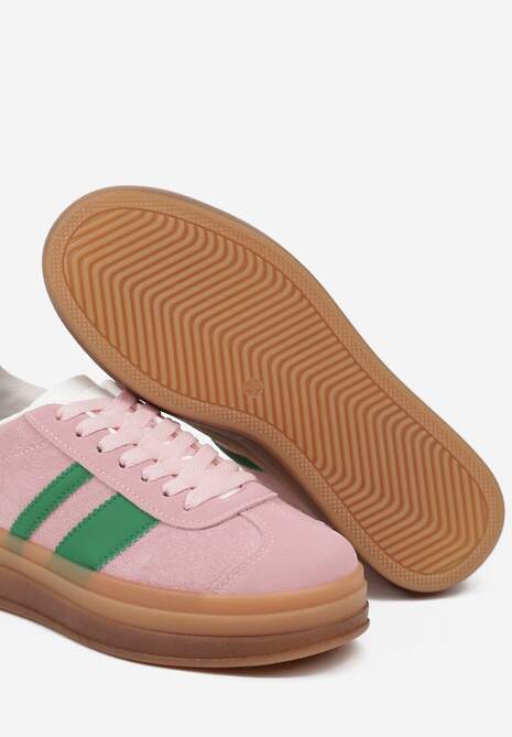 Różowo-Zielone Sneakersy na Płaskiej Podeszwie z Ozdobnymi Paskami Velali