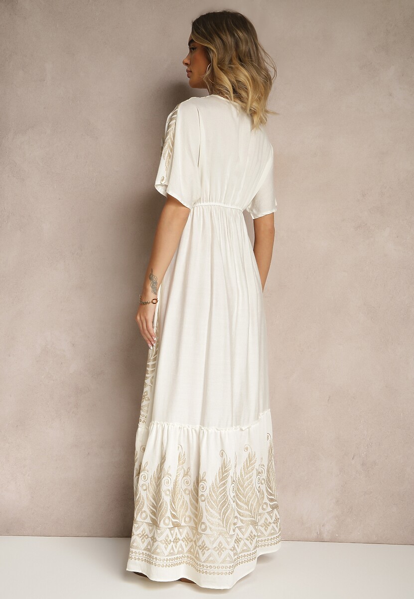 Biała Wiskozowa Sukienka Boho o Kopertowym Kroju z Metalicznym Haftem Redeselle