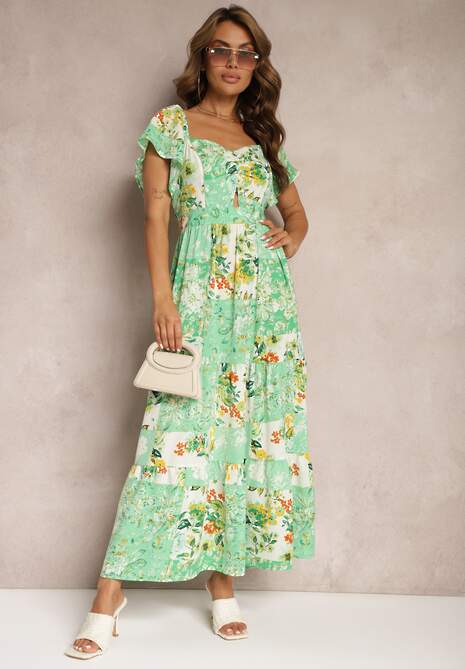 Zielona Sukienka Wiązana na Plecach z Falbanką i Gumką w Pasie Dimille