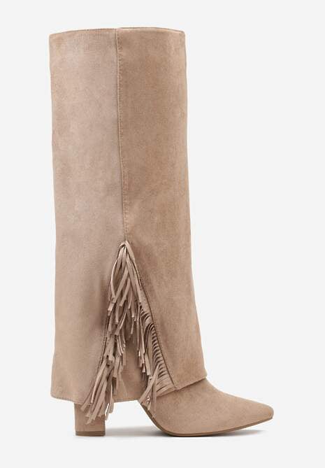 Ciemnobeżowe Kozaki na Słupkowym Obcasie z Cholewką Imitującą Nogawkę z Frędzlami Linafela