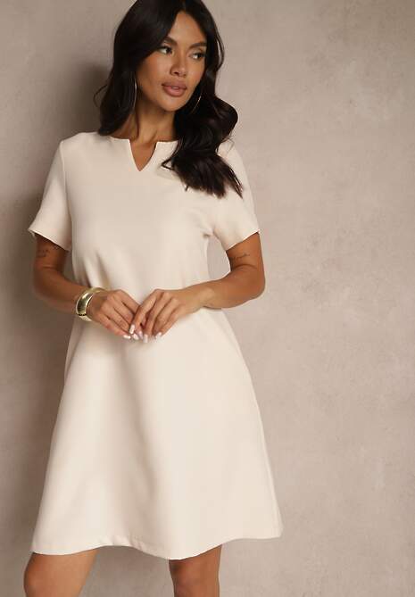 Jasnoróżowa Trapezowa Sukienka Mini z Krótkim Rękawem i Kieszeniami Vrea