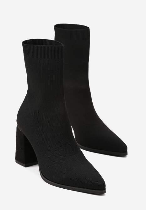 Czarne Botki na Słupku z Metaliczną Wstawką i Elastyczną Cholewką Idema